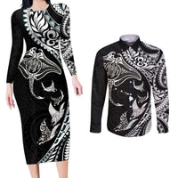 Hawaiian Manta Ray and Polynesian Tribal Tattoo Couples Matching Long Sleeve Bodycon Dress and Long Sleeve Button Shirt Black Color LT03