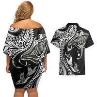 Hawaiian Manta Ray and Polynesian Tribal Tattoo Couples Matching Off Shoulder Short Dress and Hawaiian Shirt Black Color LT03