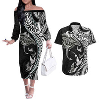 Hawaiian Manta Ray and Polynesian Tribal Tattoo Couples Matching Off The Shoulder Long Sleeve Dress and Hawaiian Shirt Black Color LT03
