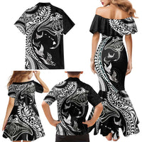 Hawaiian Manta Ray and Polynesian Tribal Tattoo Family Matching Mermaid Dress and Hawaiian Shirt Black Color LT03