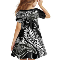 Hawaiian Manta Ray and Polynesian Tribal Tattoo Kid Short Sleeve Dress Black Color LT03