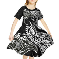 Hawaiian Manta Ray and Polynesian Tribal Tattoo Kid Short Sleeve Dress Black Color LT03