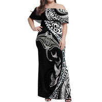 Hawaiian Manta Ray and Polynesian Tribal Tattoo Off Shoulder Maxi Dress Black Color LT03