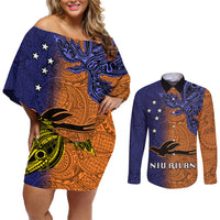 Papua New Guinea New Ireland Province Couples Matching Off Shoulder Short Dress and Long Sleeve Button Shirts PNG Birds Of Paradise Polynesian Arty Style LT03 Orange - Polynesian Pride