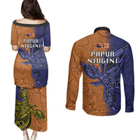 Papua New Guinea New Ireland Province Couples Matching Puletasi Dress and Long Sleeve Button Shirts PNG Birds Of Paradise Polynesian Arty Style LT03 - Polynesian Pride