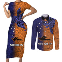 Papua New Guinea New Ireland Province Couples Matching Short Sleeve Bodycon Dress and Long Sleeve Button Shirts PNG Birds Of Paradise Polynesian Arty Style LT03 Orange - Polynesian Pride