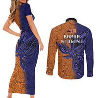 Papua New Guinea New Ireland Province Couples Matching Short Sleeve Bodycon Dress and Long Sleeve Button Shirts PNG Birds Of Paradise Polynesian Arty Style LT03 - Polynesian Pride