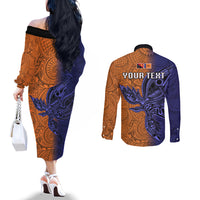 Custom Papua New Guinea New Ireland Province Couples Matching Off The Shoulder Long Sleeve Dress and Long Sleeve Button Shirts PNG Birds Of Paradise Polynesian Arty Style LT03 - Polynesian Pride
