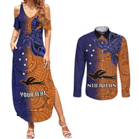 Custom Papua New Guinea New Ireland Province Couples Matching Summer Maxi Dress and Long Sleeve Button Shirts PNG Birds Of Paradise Polynesian Arty Style LT03 Orange - Polynesian Pride