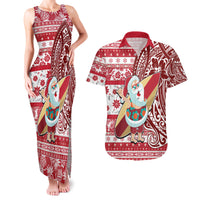 Hawaii Mele Kalikimaka Couples Matching Tank Maxi Dress and Hawaiian Shirt Santa Claus Surfing with Hawaiian Pattern Striped Red Style LT03 Red - Polynesian Pride