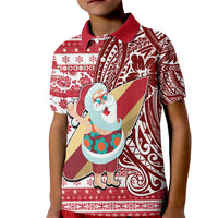 Hawaii Mele Kalikimaka Kid Polo Shirt Santa Claus Surfing with Hawaiian Pattern Striped Red Style LT03 Kid Red - Polynesian Pride