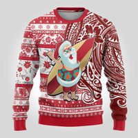 Hawaii Mele Kalikimaka Ugly Christmas Sweater Santa Claus Surfing with Hawaiian Pattern Striped Red Style LT03 - Polynesian Pride