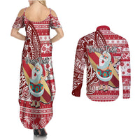 Custom Hawaii Mele Kalikimaka Couples Matching Summer Maxi Dress and Long Sleeve Button Shirt Santa Claus Surfing with Hawaiian Pattern Striped Red Style LT03 - Polynesian Pride