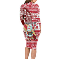 Custom Hawaii Mele Kalikimaka Long Sleeve Bodycon Dress Santa Claus Surfing with Hawaiian Pattern Striped Red Style LT03 - Polynesian Pride