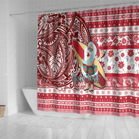 Custom Hawaii Mele Kalikimaka Shower Curtain Santa Claus Surfing with Hawaiian Pattern Striped Red Style LT03 - Polynesian Pride