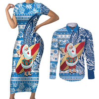 Hawaii Mele Kalikimaka Couples Matching Short Sleeve Bodycon Dress and Long Sleeve Button Shirt Santa Claus Surfing with Hawaiian Pattern Striped Blue Style LT03 Blue - Polynesian Pride