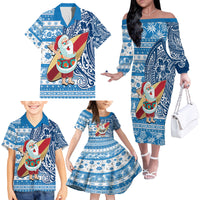 Hawaii Mele Kalikimaka Family Matching Off Shoulder Long Sleeve Dress and Hawaiian Shirt Santa Claus Surfing with Hawaiian Pattern Striped Blue Style LT03 - Polynesian Pride