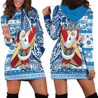 Hawaii Mele Kalikimaka Hoodie Dress Santa Claus Surfing with Hawaiian Pattern Striped Blue Style LT03 - Polynesian Pride