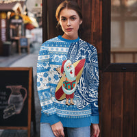 Hawaii Mele Kalikimaka Ugly Christmas Sweater Santa Claus Surfing with Hawaiian Pattern Striped Blue Style LT03 - Polynesian Pride