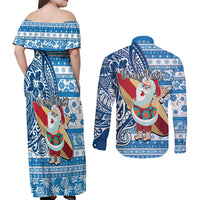 Custom Hawaii Mele Kalikimaka Couples Matching Off Shoulder Maxi Dress and Long Sleeve Button Shirt Santa Claus Surfing with Hawaiian Pattern Striped Blue Style LT03 - Polynesian Pride