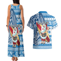 Custom Hawaii Mele Kalikimaka Couples Matching Tank Maxi Dress and Hawaiian Shirt Santa Claus Surfing with Hawaiian Pattern Striped Blue Style LT03 - Polynesian Pride