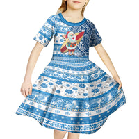 Custom Hawaii Mele Kalikimaka Kid Short Sleeve Dress Santa Claus Surfing with Hawaiian Pattern Striped Blue Style LT03 - Polynesian Pride