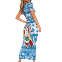 Custom Hawaii Mele Kalikimaka Short Sleeve Bodycon Dress Santa Claus Surfing with Hawaiian Pattern Striped Blue Style LT03 - Polynesian Pride