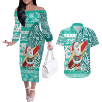 Hawaii Mele Kalikimaka Couples Matching Off The Shoulder Long Sleeve Dress and Hawaiian Shirt Santa Claus Surfing with Hawaiian Pattern Striped Turquoise Style LT03 Turquoise - Polynesian Pride