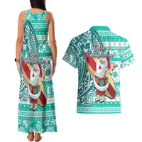 Hawaii Mele Kalikimaka Couples Matching Tank Maxi Dress and Hawaiian Shirt Santa Claus Surfing with Hawaiian Pattern Striped Turquoise Style LT03 - Polynesian Pride