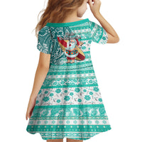 Hawaii Mele Kalikimaka Kid Short Sleeve Dress Santa Claus Surfing with Hawaiian Pattern Striped Turquoise Style LT03 - Polynesian Pride