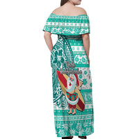 Hawaii Mele Kalikimaka Off Shoulder Maxi Dress Santa Claus Surfing with Hawaiian Pattern Striped Turquoise Style LT03 - Polynesian Pride