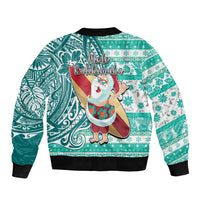 Hawaii Mele Kalikimaka Sleeve Zip Bomber Jacket Santa Claus Surfing with Hawaiian Pattern Striped Turquoise Style LT03 - Polynesian Pride