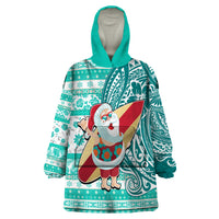 Hawaii Mele Kalikimaka Wearable Blanket Hoodie Santa Claus Surfing with Hawaiian Pattern Striped Turquoise Style LT03 One Size Turquoise - Polynesian Pride