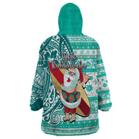 Hawaii Mele Kalikimaka Wearable Blanket Hoodie Santa Claus Surfing with Hawaiian Pattern Striped Turquoise Style LT03 - Polynesian Pride