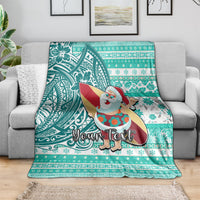 Custom Hawaii Mele Kalikimaka Blanket Santa Claus Surfing with Hawaiian Pattern Striped Turquoise Style LT03 - Polynesian Pride