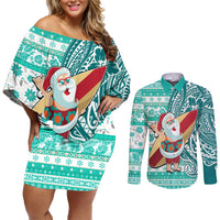 Custom Hawaii Mele Kalikimaka Couples Matching Off Shoulder Short Dress and Long Sleeve Button Shirt Santa Claus Surfing with Hawaiian Pattern Striped Turquoise Style LT03 Turquoise - Polynesian Pride