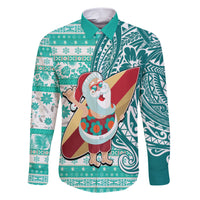 Custom Hawaii Mele Kalikimaka Family Matching Short Sleeve Bodycon Dress and Hawaiian Shirt Santa Claus Surfing with Hawaiian Pattern Striped Turquoise Style LT03 Dad's Shirt - Long Sleeve Turquoise - Polynesian Pride