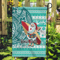 Custom Hawaii Mele Kalikimaka Garden Flag Santa Claus Surfing with Hawaiian Pattern Striped Turquoise Style LT03 Garden Flag Turquoise - Polynesian Pride