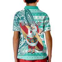 Custom Hawaii Mele Kalikimaka Kid Polo Shirt Santa Claus Surfing with Hawaiian Pattern Striped Turquoise Style LT03 - Polynesian Pride