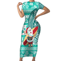 Custom Hawaii Mele Kalikimaka Short Sleeve Bodycon Dress Santa Claus Surfing with Hawaiian Pattern Striped Turquoise Style LT03 Long Dress Turquoise - Polynesian Pride