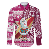 Hawaii Mele Kalikimaka Family Matching Mermaid Dress and Hawaiian Shirt Santa Claus Surfing with Hawaiian Pattern Striped Pink Style LT03 Dad's Shirt - Long Sleeve Pink - Polynesian Pride