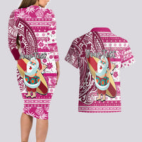 Custom Hawaii Mele Kalikimaka Couples Matching Long Sleeve Bodycon Dress and Hawaiian Shirt Santa Claus Surfing with Hawaiian Pattern Striped Pink Style LT03 - Polynesian Pride