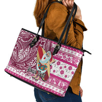 Custom Hawaii Mele Kalikimaka Leather Tote Bag Santa Claus Surfing with Hawaiian Pattern Striped Pink Style LT03 - Polynesian Pride