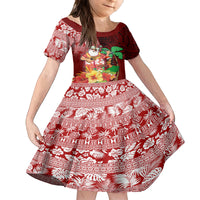 Hawaii Mele Kalikimaka Kid Short Sleeve Dress Santa Claus and Hula Girl Tropical Folwer with Hawaiian Pattern LT03 KID Red - Polynesian Pride