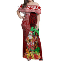 Hawaii Mele Kalikimaka Off Shoulder Maxi Dress Santa Claus and Hula Girl Tropical Folwer with Hawaiian Pattern LT03 Women Red - Polynesian Pride