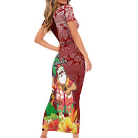 Hawaii Mele Kalikimaka Short Sleeve Bodycon Dress Santa Claus and Hula Girl Tropical Folwer with Hawaiian Pattern LT03 - Polynesian Pride