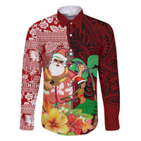 Custom Hawaii Mele Kalikimaka Family Matching Mermaid Dress and Hawaiian Shirt Santa Claus and Hula Girl Tropical Folwer with Hawaiian Pattern LT03 Dad's Shirt - Long Sleeve Red - Polynesian Pride