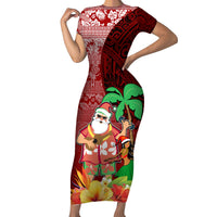 Custom Hawaii Mele Kalikimaka Short Sleeve Bodycon Dress Santa Claus and Hula Girl Tropical Folwer with Hawaiian Pattern LT03 Long Dress Red - Polynesian Pride