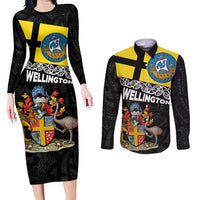 New Zealand Wellington Couples Matching Long Sleeve Bodycon Dress and Long Sleeve Button Shirt The Capital's Emblems Flag and Koru Art