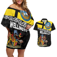 New Zealand Wellington Couples Matching Off Shoulder Short Dress and Hawaiian Shirt The Capital's Emblems Flag and Koru Art